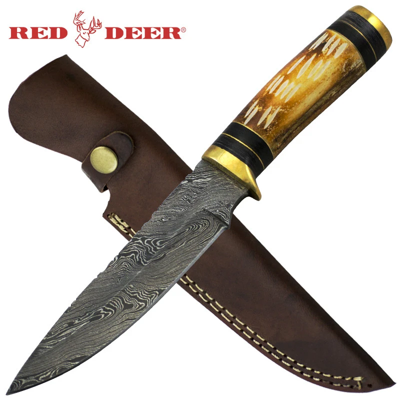 Red Deer Damascus Etched Bone Handle Hunting Knife